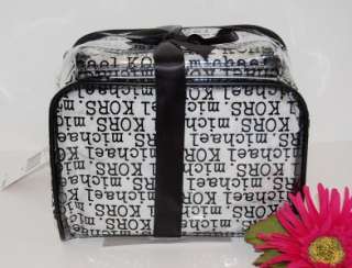   ~ MICHAEL KORS Clear & Black MK LogoTrain Cosmetic Travel Bag 2pc Set