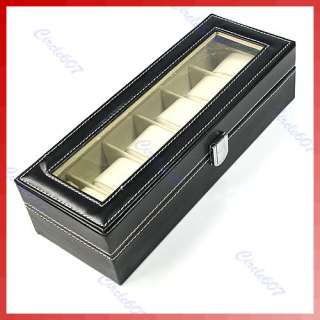 Leather 6 Grid Watch Display Case Box Jewelry Storage Organizer Black 