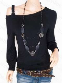 Free Ship One Shoulder O Rings Blouse w/ Necklace S M L  