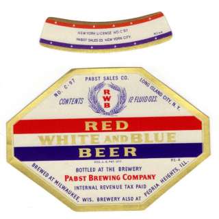 Pabst Blue Ribbon Beer Red White Blue IRTP Label 1940s  