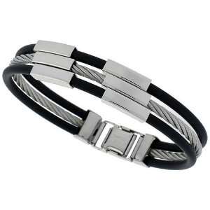   Cable and Rubber Bracelet,8 Solid Surgical Stainless Steel, Jewelry