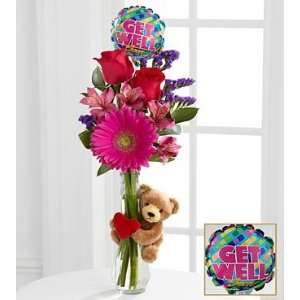 Get Well Hugs Flower Bouquet With Balloon Pick   5 Stems   Vase 
