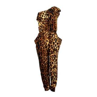 Leopard Prints One Shoulder Womens Jumpsuits Rompers Long Pants 