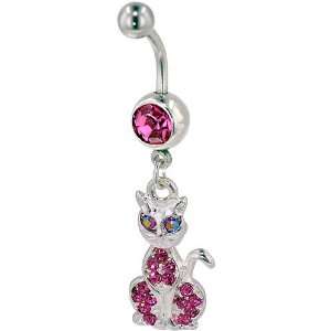 Pink Crystal Siamese Cat Dangle Gem Belly Button Ring Navel Piercing 