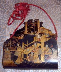 Japanned Black Lacquer Oriental Geishas Musicians Hanging Letter Box 