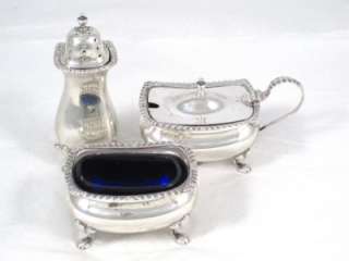 Antique 1926 Hm Sterling Silver & Blue Glass Salt Pepper & Musard Pot 