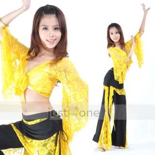 SEXY Belly Dance Dancewear Long Sleeve Lace Tops + Pants Skirt 2 PCS 