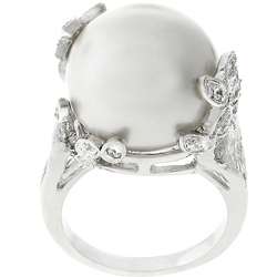   Bisset Silvertone White Faux Pearl CZ leaves Ring  