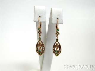 Antique Emerald Pearl Rose Gold Drop Filigree Earrings NR  