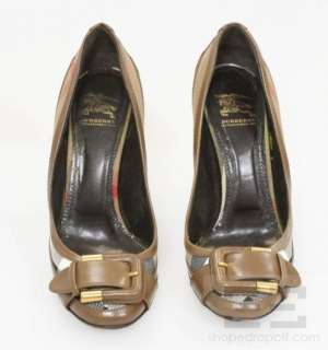 Burberry Dark Tan Canvas & Leather Trim House Check Buckle Heels Size 