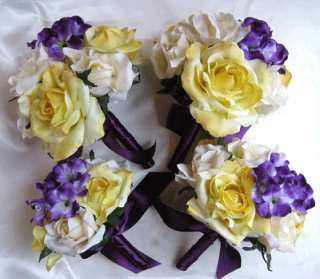 17pc Bouquet wedding flowers IVORY YELLOW PURPLE  