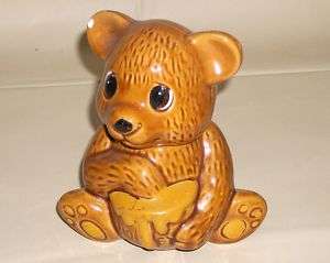 OLD CERAMIC BROWN TEDDY BEAR COVERED HONEY DISH JAR  