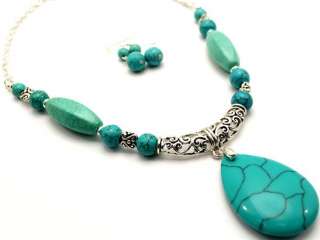 TURQUOISE GEMSTONE DROP AND BEAD SILVERTONE NECKLACE EARRING  