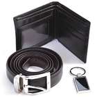 Umo Lorenzo Mens Boxed Black Leather Wallet Key Chain Belt Gift Set