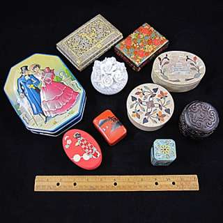   stone cloisonne and cinnabar mixed lot of ten small boxes tin ceramic