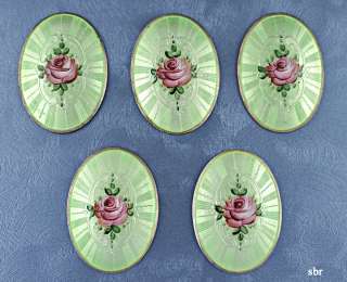 Green Guilloche Enameled Hand Painted Rose Plaques  