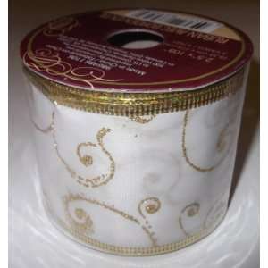   Ft Wire Edged Ribbon 2.5 X 108 Ivory with Gold Scroll Design