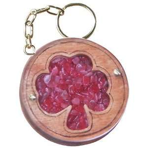   Gemstone and Wooden Amulet Good Luck Clover Keychain In Ruby Crystals