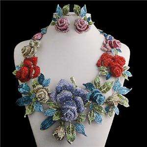 Lush Rose Necklace Earring Set Multi Swarovski Crystal Flower Floral 