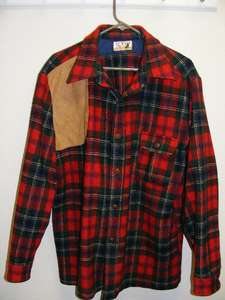   Vintage Red Plaid Wool/Leather Shooting Hunting Shirt Mens XL USA
