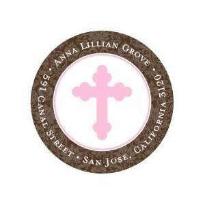  Pink Scalloped Cross with Brown Border Stickers 