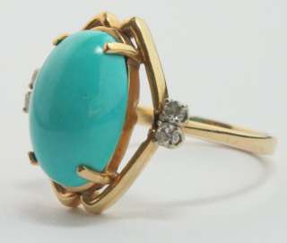   Blue Persian Turquoise 14K Yellow Gold Ring w/ Diamond Accents Size 8