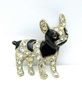 Vintage Enamel Rhinestone Dog Figural Brooch Boston Terrier  