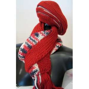   Wool Winter SET Neck SCARF Tam Beret HAT Brick Red 