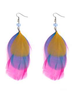 Yellow (Yellow) Yellow, Pink and Blue Feather Overlay Earrings 