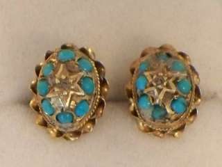 PAIR VICTORIAN 9CT GOLD DIAMOND TURQUOISE CLUSTER EARRINGS  