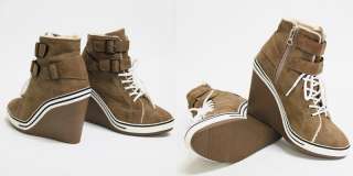 Womens Brown White Fur Buckle Sneakers Zip Wedge Heel Shoes US 5~8 