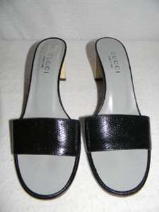 Gucci Black Croc Snake Leather Slide Sandals Shoes w/Bamboo Heel Sz 7 