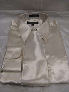 New D & E Satin Dress Shirt w/Tie and Hanky Beige  