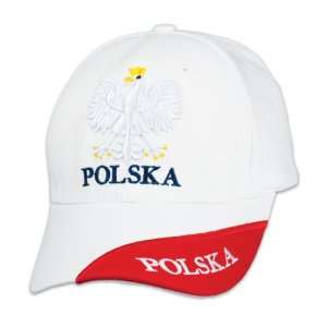 : Polish Apparel White Baseball Cap   Polska, White Eagle, Red Stripe 