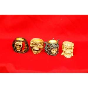  Brand New Set of 4 Skull Polyrezin Tin Candle Holders 
