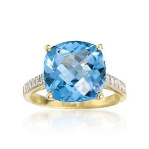  7.55 Carat. Blue Topaz Ring With Diamonds In 14kt Yellow 
