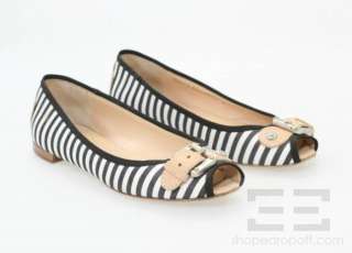  Zanotti Black & White Stripe Buckle Open Toe Flats Size 37.5  