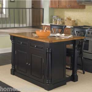 Grand Monarch Black Expandable Kitchen Island W/Oak Top and Two Stools 