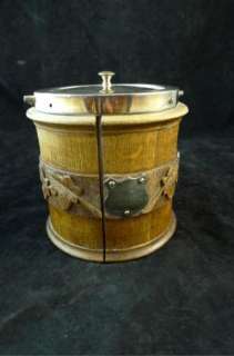 English Oak Biscuit Barrel with Silverplated Hardware  