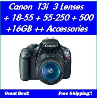 Canon EOS T3i Camera Kit Bundle w/ 18 55 + 55 250 + 50 1.8 + 16GB 