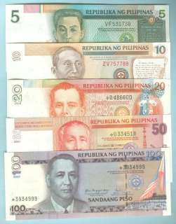 PHILIPPINES 1986 2010 FOURTH SERIES SET 5 10 20 50 & 100 PESO NOTES 