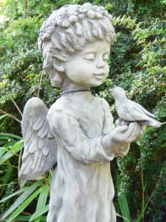 Engel Talia mit Vogel Steinguss Gartendeko Steinfigur  