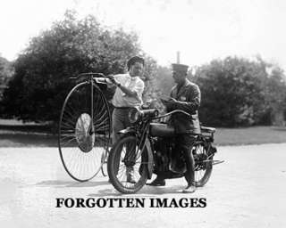 MOTORCYCLE COP TICKETING HIGH WHEELER 1920s PHOTOGRAPH  