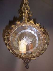 Vintage Antique Brass Etched Glass Pendant Chandelier Light Fixture 