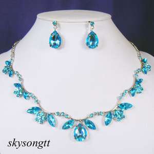 Swarovski Baby Blue Rhinestone Crystal Dangler Leaf Necklace Earrings 