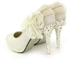 Ivory Wedding Shoes Ankle Knot Platform High Heel Lace Flowers Shoes 