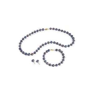    14k Yellow Gold Black Pearl Necklace Bracelet Earrings: Jewelry