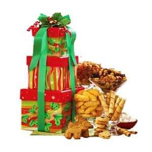 Happy Holly Days Christmas Holiday Tower   Gourmet Food Gift Basket