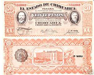 Banco de Mexico $ 20 Pesos Estado de Chihuahua Feb 10, 1914 UNC 
