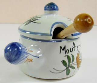 French Art Pottery Dijon Mustard 1747 Handled Jar Pot Wooden Spoon 
